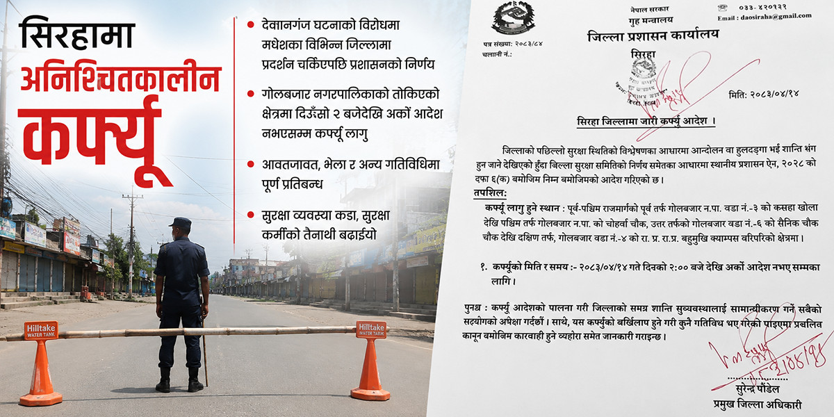 सुरक्षा अवस्था तनावग्रस्त बनेपछि सिराहामा कर्फ्यु लागू